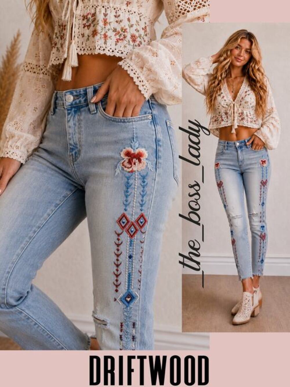 Driftwood embroidered jeans floral skinny stretchy western denim pants boho 28
